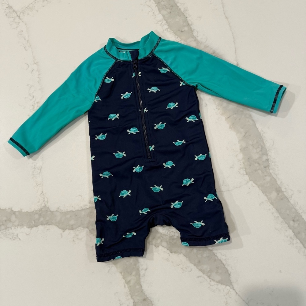 Janie and Jack Turtle Rashgaurd Swimsuit Baby Size 12 to 18 Months Navy/Teal